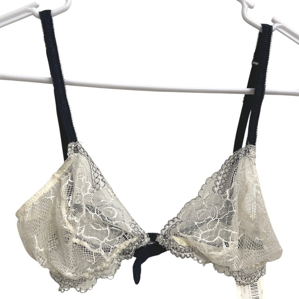 NWT Eberjey Joey Lace Bralette Chalk Ivory Navy Size M Triangle Soft Bra
